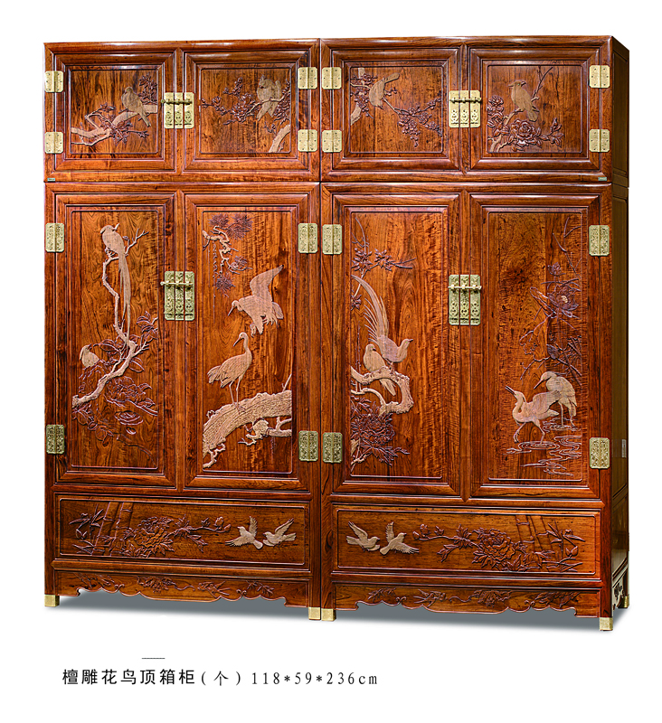 檀香118x59x236檀雕花鸟顶箱柜（对）